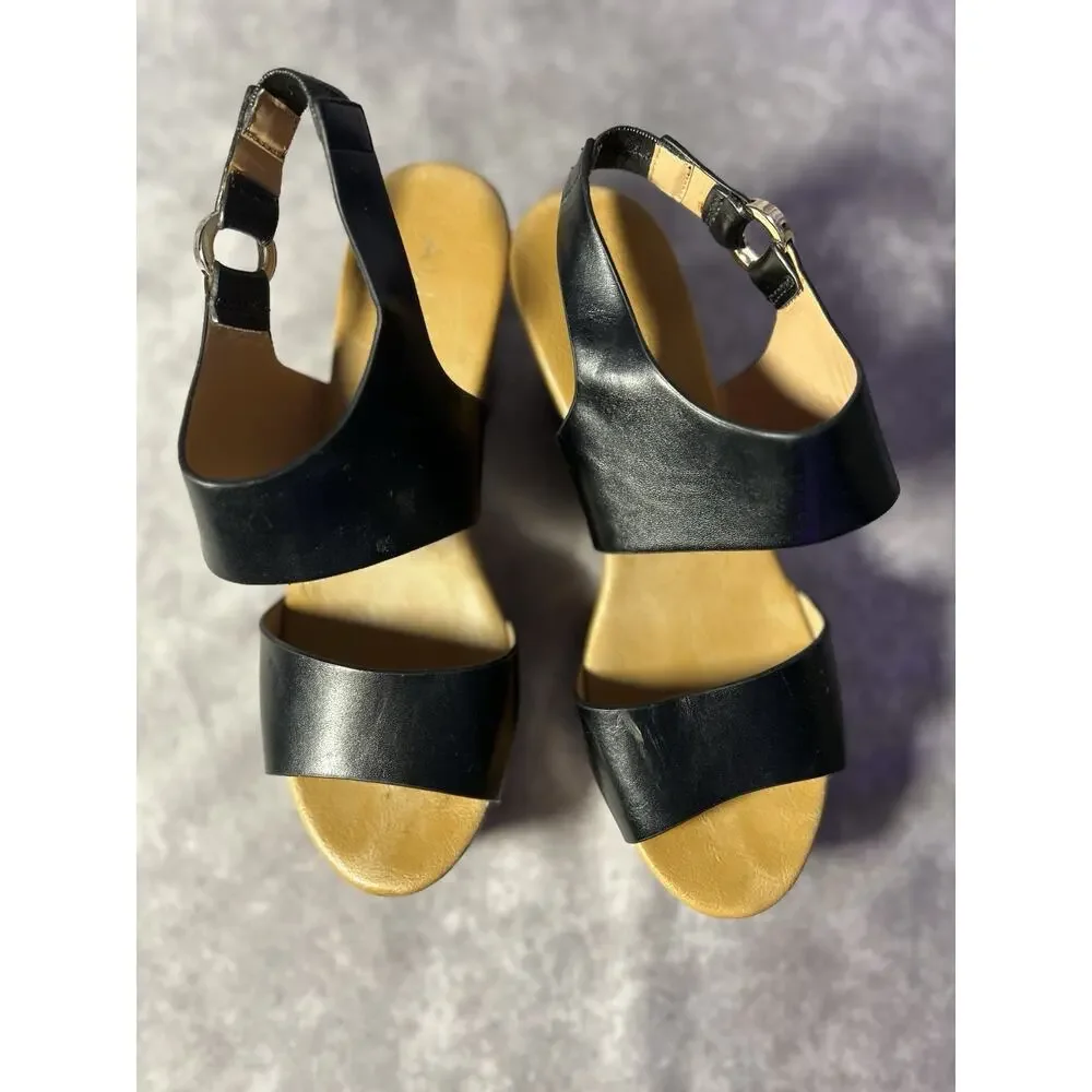 ALDO Women's Black Platform Wedge Sandals Size 8 / 8.5 Faux Wood Heel